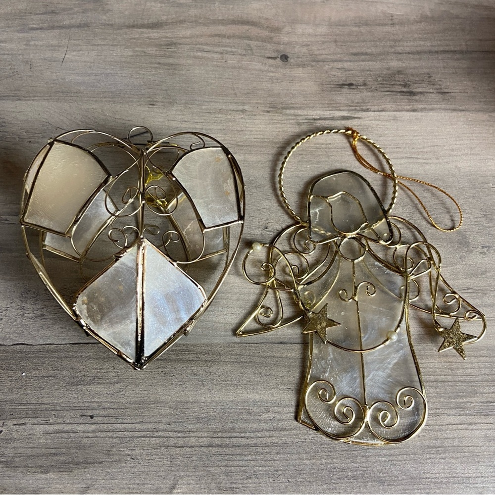 Vintage Set Of Two Capiz Shell Angel and‎ Heart Christmas Ornaments